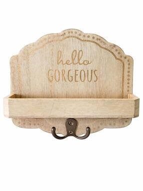 Hello Gorgeous Wall Hook Shelf Rustic Key Holder Jewelry Organizer Wood Entryway